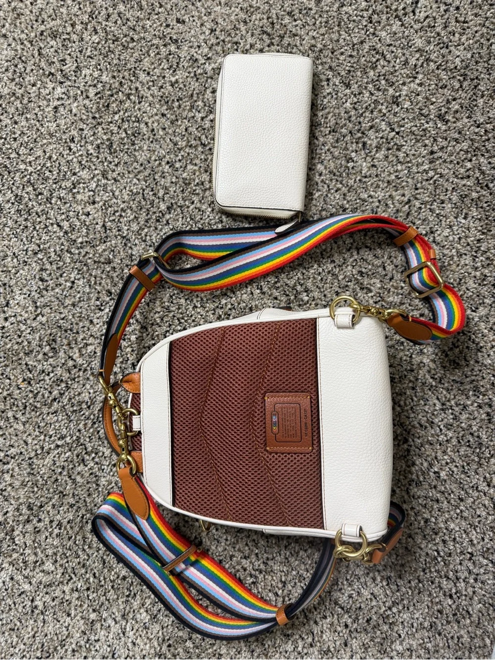 Coach White Mini Backpack with Brown Interior and Rainbow Strap